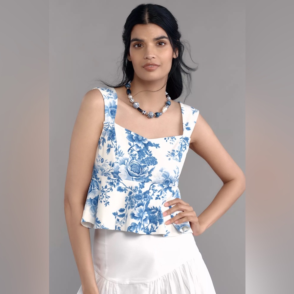 Anthropologie Maeve Square-Neck Peplum Tank Top// Blue Pattern - Picture 2 of 11